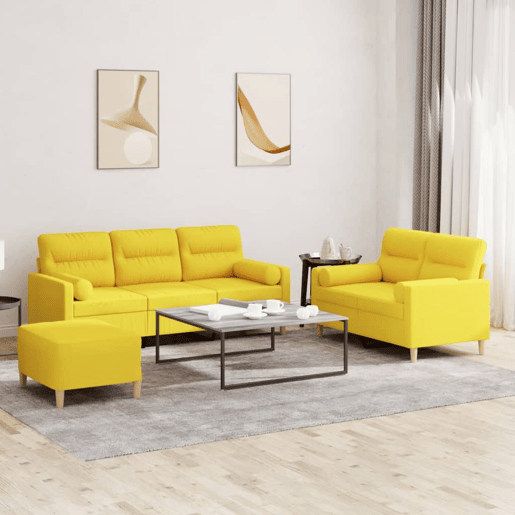 vidaXL 3 pcs conjunto de sofás com almofadas tecido amarelo-claro vidaXL 3 pcs conjunto de sofás com almofadas tecido amarelo-claro