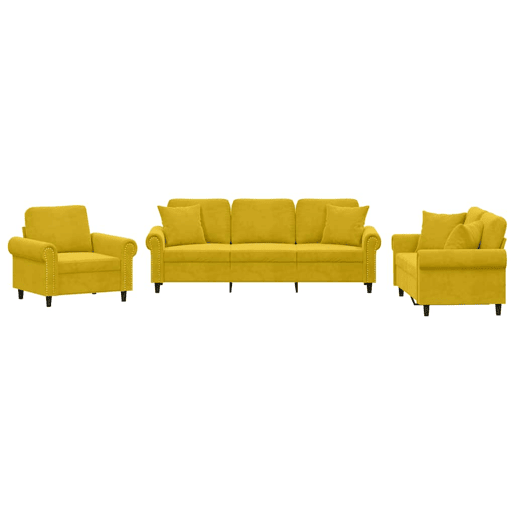 vidaXL 3 pcs conjunto de sofás com almofadas veludo amarelo vidaXL 3 pcs conjunto de sofás com almofadas veludo amarelo