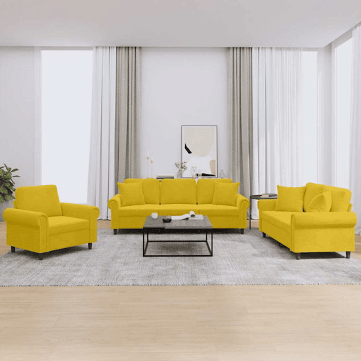 vidaXL 3 pcs conjunto de sofás com almofadas veludo amarelo vidaXL 3 pcs conjunto de sofás com almofadas veludo amarelo