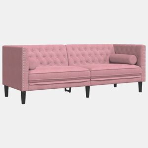 vidaXL Sofá chesterfield com rolos 3 lugares veludo rosa