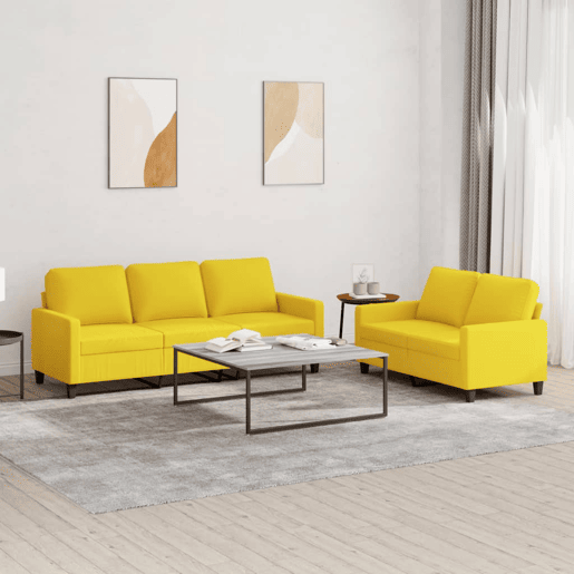 vidaXL 2 pcs conjunto de sofás com almofadões tecido amarelo-claro vidaXL 2 pcs conjunto de sofás com almofadões tecido amarelo-claro