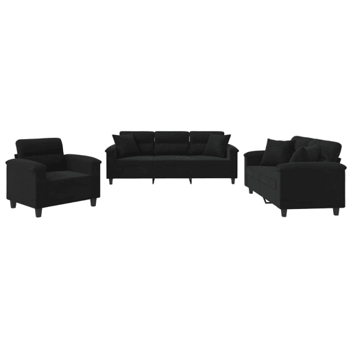 vidaXL 3 pcs conjunto sofás c almofadas tecido de microfibra preto