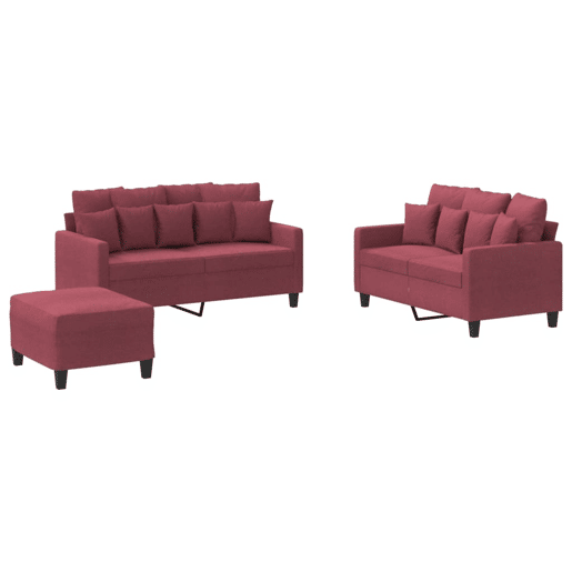 vidaXL 3 pcs conjunto de sofás com almofadões tecido vermelho tinto vidaXL 3 pcs conjunto de sofás com almofadões tecido vermelho tinto