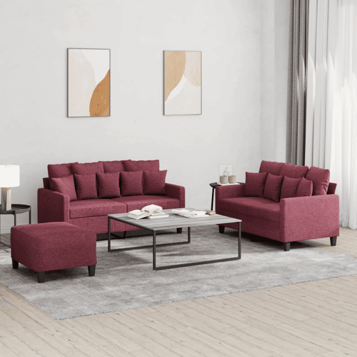vidaXL 3 pcs conjunto de sofás com almofadões tecido vermelho tinto vidaXL 3 pcs conjunto de sofás com almofadões tecido vermelho tinto