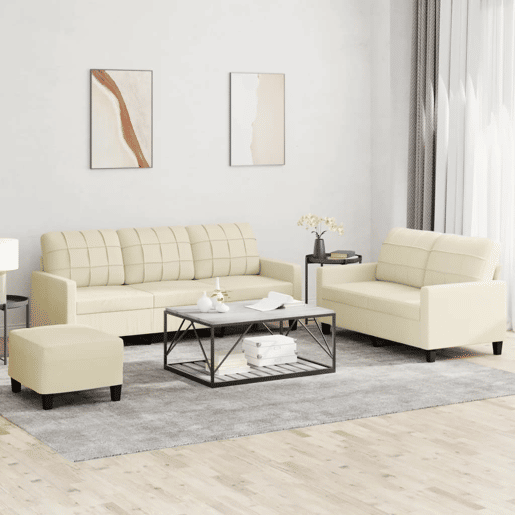 vidaXL 3 pcs conjunto sofás c almofadões couro artificial cor creme vidaXL 3 pcs conjunto sofás c almofadões couro artificial cor creme