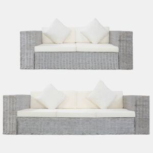 vidaXL 2 pcs conjunto de sofás com almofadões vime natural cinzento