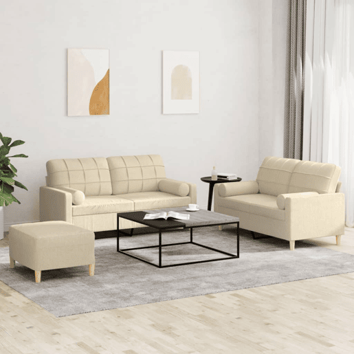 vidaXL 3 pcs conjunto de sofás com almofadas tecido cor creme