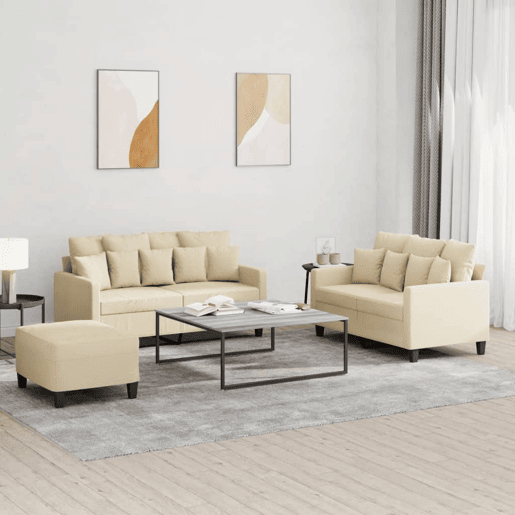 vidaXL 3 pcs conjunto de sofás com almofadões tecido cor creme vidaXL 3 pcs conjunto de sofás com almofadões tecido cor creme