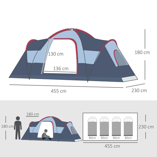 Outsunny Tenda de Campismo para 4-5 Pessoas Impermeável 3000mm+ Anti UV com Bolsa de Transporte e Gancho para Luz 455x230x180cm Cinza