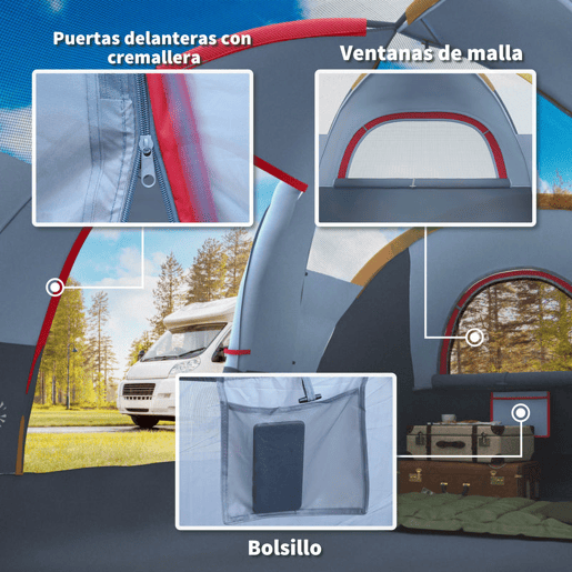 Outsunny Tenda de Campismo para 4-5 Pessoas Impermeável 3000mm+ Anti UV com Bolsa de Transporte e Gancho para Luz 455x230x180cm Cinza