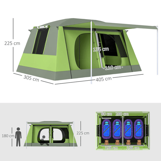 Outsunny Tenda de Campismo Familiar para 4 Pessoas Impermeável 2000 mm com Mosquiteira, Gancho e Bolsa de Transporte Anti-UV 405x305x225 cm Verde