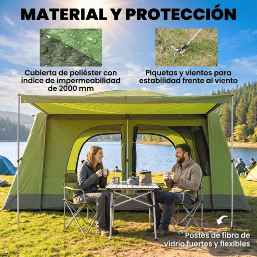 Outsunny Tenda de Campismo Familiar para 4 Pessoas Impermeável 2000 mm com Mosquiteira, Gancho e Bolsa de Transporte Anti-UV 405x305x225 cm Verde