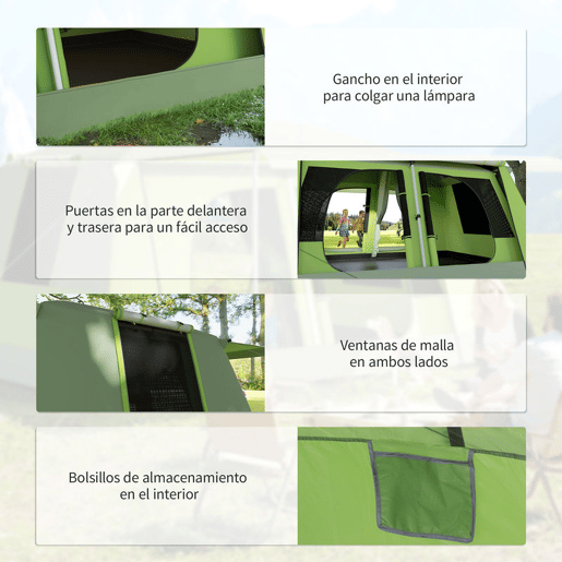 Outsunny Tenda de Campismo Familiar para 4 Pessoas Impermeável 2000 mm com Mosquiteira, Gancho e Bolsa de Transporte Anti-UV 405x305x225 cm Verde