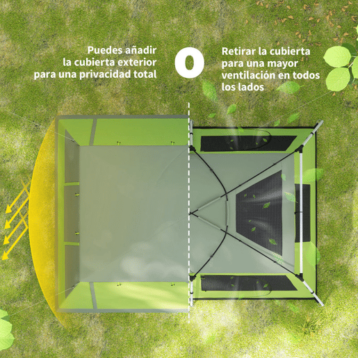 Outsunny Tenda de Campismo Familiar para 4 Pessoas Impermeável 2000 mm com Mosquiteira, Gancho e Bolsa de Transporte Anti-UV 405x305x225 cm Verde