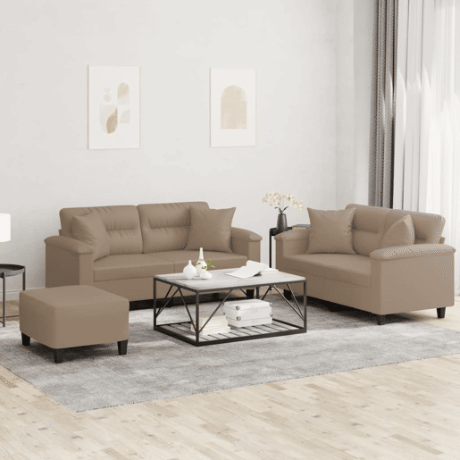 vidaXL 3 pcs conjunto sofás c almofadas couro artificial cappuccino vidaXL 3 pcs conjunto sofás c almofadas couro artificial cappuccino