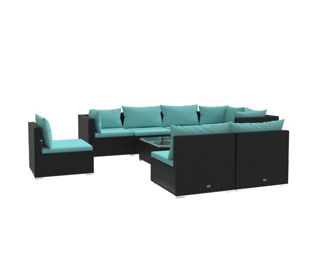 Set de muebles de jardín 9 pzas y cojines ratán sintético negro