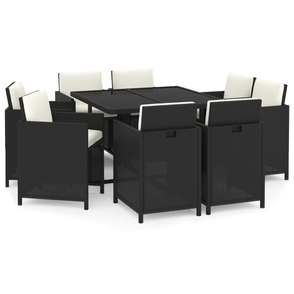 Juego muebles jardín 9 pzas con cojines ratán sintético negro