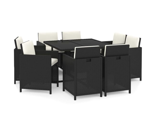 Juego muebles jardín 9 pzas con cojines ratán sintético negro
