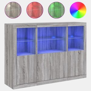 vidaXL Aparadores c LEDs 3 pcs derivados de madeira cinzento sonoma
