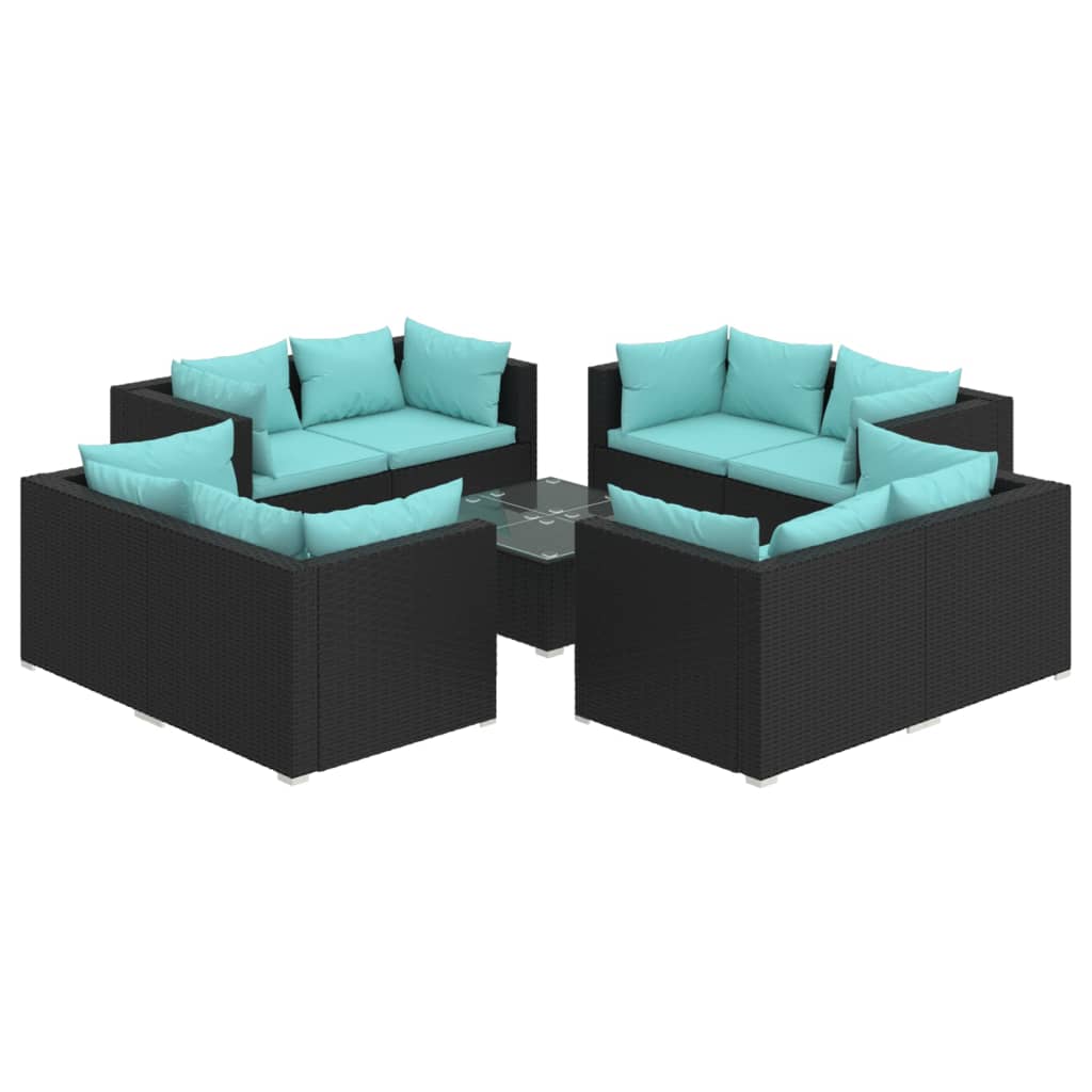 Set de muebles de jardín 9 pzas y cojines ratán sintético negro