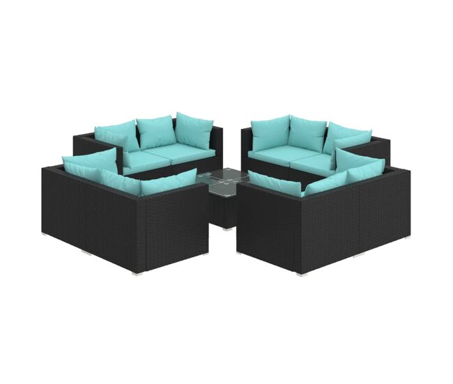 Set de muebles de jardín 9 pzas y cojines ratán sintético negro