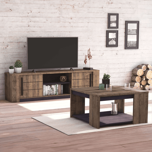 Conjunto de sala de estar com suporte de TV + mesa de centro, conjunto de sala de estar, Monaco, carvalho escuro e preto