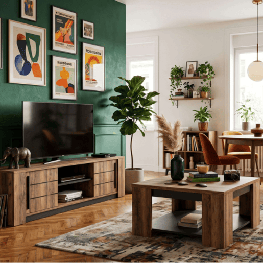 Conjunto de sala de estar com suporte de TV + mesa de centro, conjunto de sala de estar, Monaco, carvalho escuro e preto