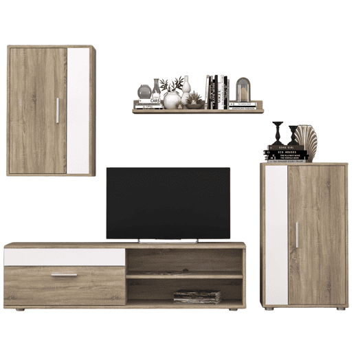 Móveis para sala de estar e jantar em estilo nórdico: móvel para TV, 2 guarda-roupas, prateleira, branco e carvalho Sonoma