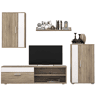 Móveis para sala de estar e jantar em estilo nórdico: móvel para TV, 2 guarda-roupas, prateleira, branco e carvalho Sonoma