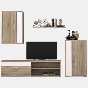 Móveis para sala de estar e jantar em estilo nórdico: móvel para TV, 2 guarda-roupas, prateleira, branco e carvalho Sonoma