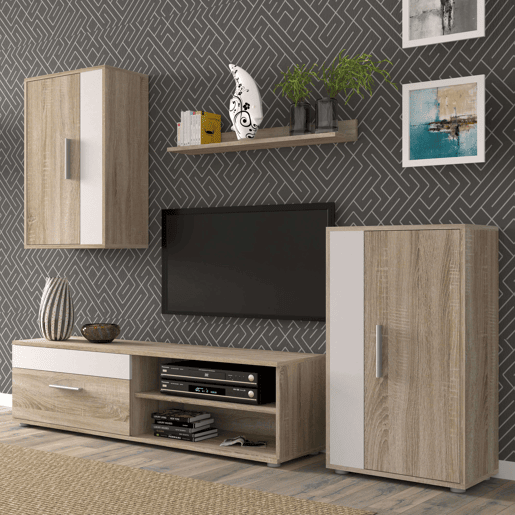 Móveis para sala de estar e jantar em estilo nórdico: móvel para TV, 2 guarda-roupas, prateleira, branco e carvalho Sonoma