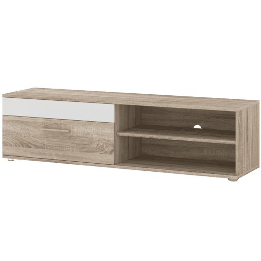 Móveis para sala de estar e jantar em estilo nórdico: móvel para TV, 2 guarda-roupas, prateleira, branco e carvalho Sonoma
