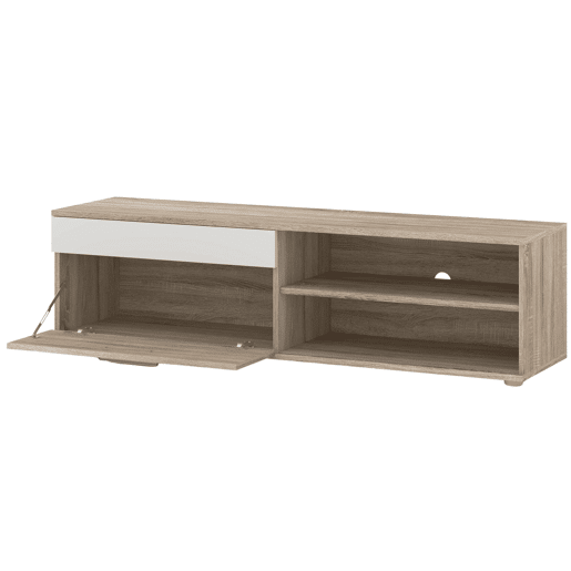 Móveis para sala de estar e jantar em estilo nórdico: móvel para TV, 2 guarda-roupas, prateleira, branco e carvalho Sonoma