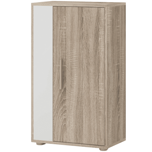 Móveis para sala de estar e jantar em estilo nórdico: móvel para TV, 2 guarda-roupas, prateleira, branco e carvalho Sonoma