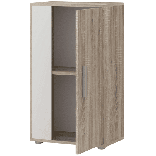 Móveis para sala de estar e jantar em estilo nórdico: móvel para TV, 2 guarda-roupas, prateleira, branco e carvalho Sonoma