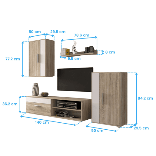 Móveis para sala de estar e jantar em estilo nórdico: móvel para TV, 2 guarda-roupas, prateleira, branco e carvalho Sonoma