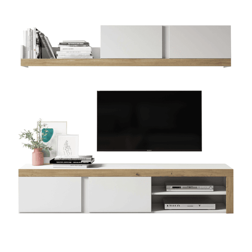Móveis para Sala de Estar e Jantar Fly 2 Módulos Branco e Cor Natural Estilo Moderno Armazenamento 200x180x40 cm Móveis para Sala de Estar e Jantar Fly 2 Módulos Branco e Cor Natural Estilo Moderno Armazenamento 200x180x40 cm