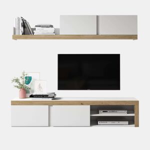 Móveis para Sala de Estar e Jantar Fly 2 Módulos Branco e Cor Natural Estilo Moderno Armazenamento 200x180x40 cm