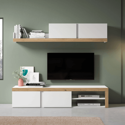 Móveis para Sala de Estar e Jantar Fly 2 Módulos Branco e Cor Natural Estilo Moderno Armazenamento 200x180x40 cm Móveis para Sala de Estar e Jantar Fly 2 Módulos Branco e Cor Natural Estilo Moderno Armazenamento 200x180x40 cm