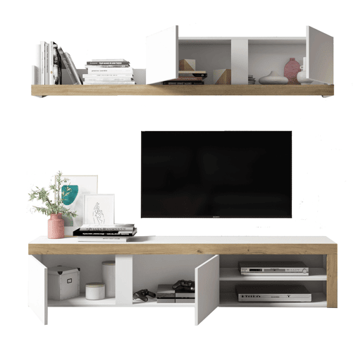 Móveis para Sala de Estar e Jantar Fly 2 Módulos Branco e Cor Natural Estilo Moderno Armazenamento 200x180x40 cm Móveis para Sala de Estar e Jantar Fly 2 Módulos Branco e Cor Natural Estilo Moderno Armazenamento 200x180x40 cm