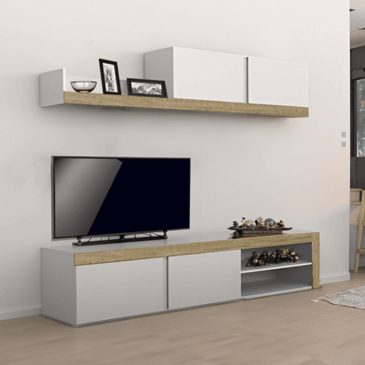 Móveis para Sala de Estar e Jantar Fly 2 Módulos Branco e Cor Natural Estilo Moderno Armazenamento 200x180x40 cm Móveis para Sala de Estar e Jantar Fly 2 Módulos Branco e Cor Natural Estilo Moderno Armazenamento 200x180x40 cm
