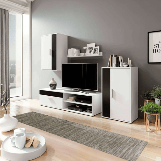 Móveis de TV para sala de estar e sala de jantar em estilo contemporâneo Kolm em preto e branco com 3 portas e 2 prateleiras