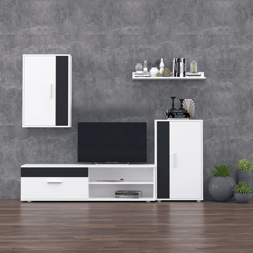 Móveis de TV para sala de estar e sala de jantar em estilo contemporâneo Kolm em preto e branco com 3 portas e 2 prateleiras