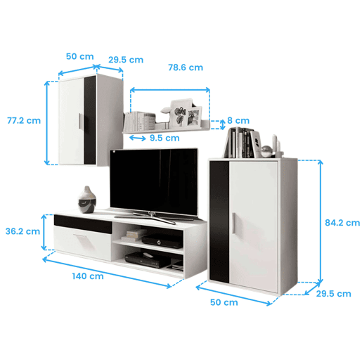 Móveis de TV para sala de estar e sala de jantar em estilo contemporâneo Kolm em preto e branco com 3 portas e 2 prateleiras