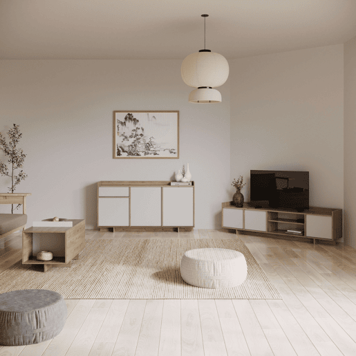 Pacote de móveis para sala de estar e jantar em estilo nórdico em branco fosco e carvalho artesanal Pacote de móveis para sala de estar e jantar em estilo nórdico em branco fosco e carvalho artesanal