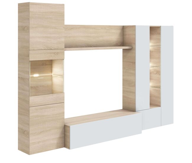 Pack completo muebles salón con led color canadian y blanco moderno (mueble + mesa de centro extensible + mesa comedor)