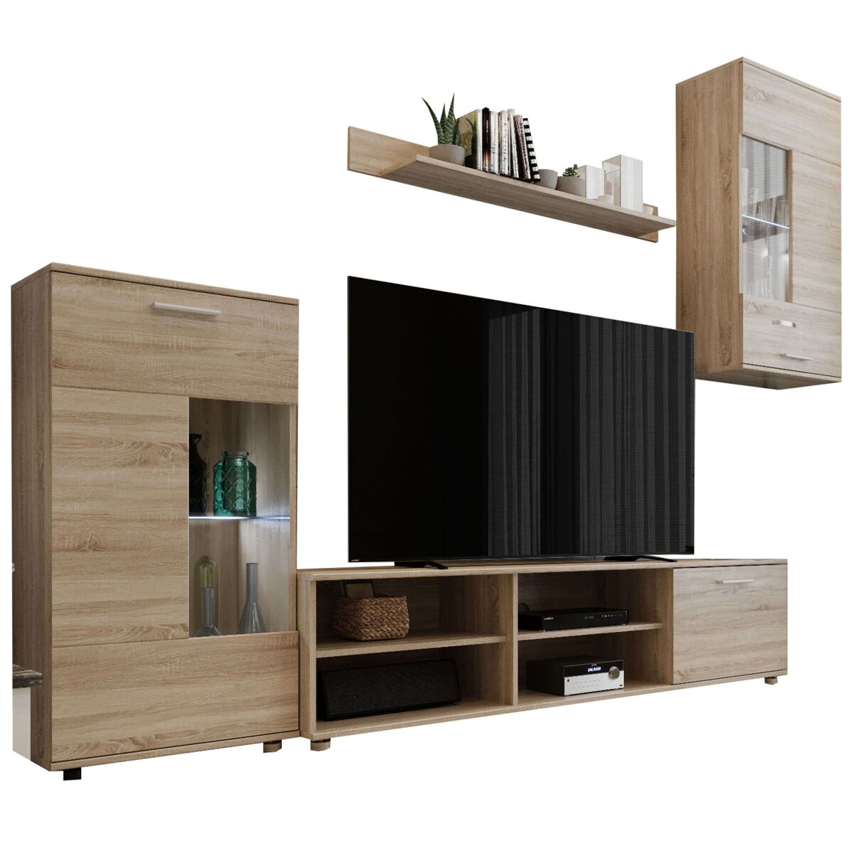Pack muebles de salón cheri con mueble tv, 2 módulos, estantería, mesa de centro y mesa de comedor roble sonoma