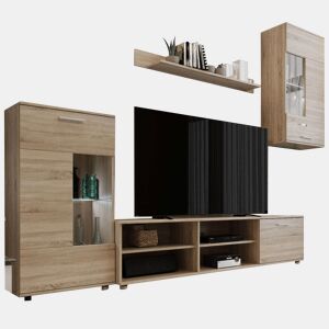 Pacote de móveis para sala de estar Cheri com suporte para TV, 2 módulos, prateleiras, mesa de centro e mesa de jantar em carvalho Sonoma