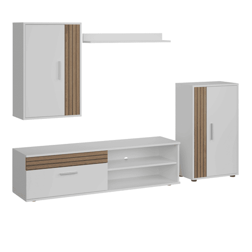 Móveis de TV Kolm para sala de estar e sala de jantar em estilo nórdico em carvalho e branco fosco com 3 portas e 2 prateleiras
