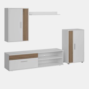 Móveis de TV Kolm para sala de estar e sala de jantar em estilo nórdico em carvalho e branco fosco com 3 portas e 2 prateleiras